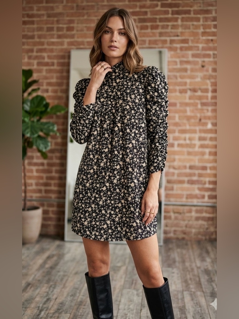 SECULAR Ditsy Floral Mock Neck Mini Dress Black White Puff Sleeve Size S